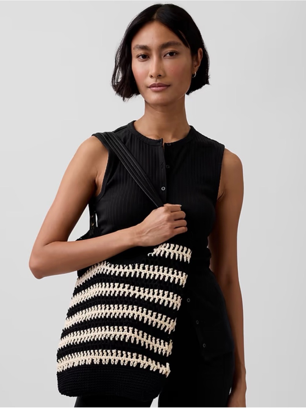 Black and Cream Striped Crochet Tote Bag